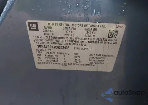 2012 Chevrolet Equinox 2Lt z USA, uszkodzony, nr VIN 2GNALPEK7C6292408